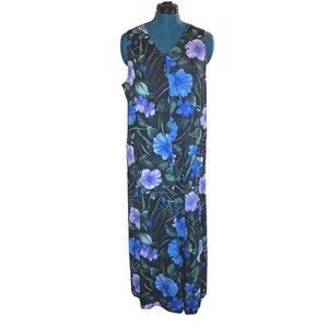 Stan Herman Silky Jersey Lounge Dress Hibiscus Sz L Black A346777 Women ZZ19